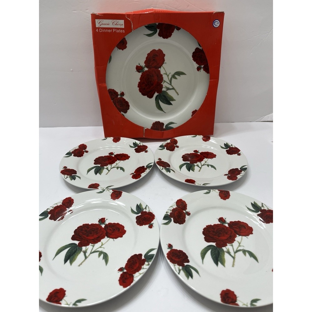 Gracie China Red Rose Dinner & Dessert Plates Set Of 8 Fine Porcelain 10.5x7.5"